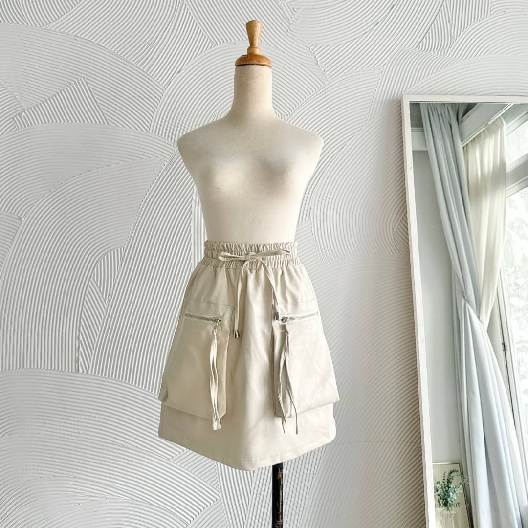 （出清價）皮革工裝風鬆緊腰抽繩短褲裙
