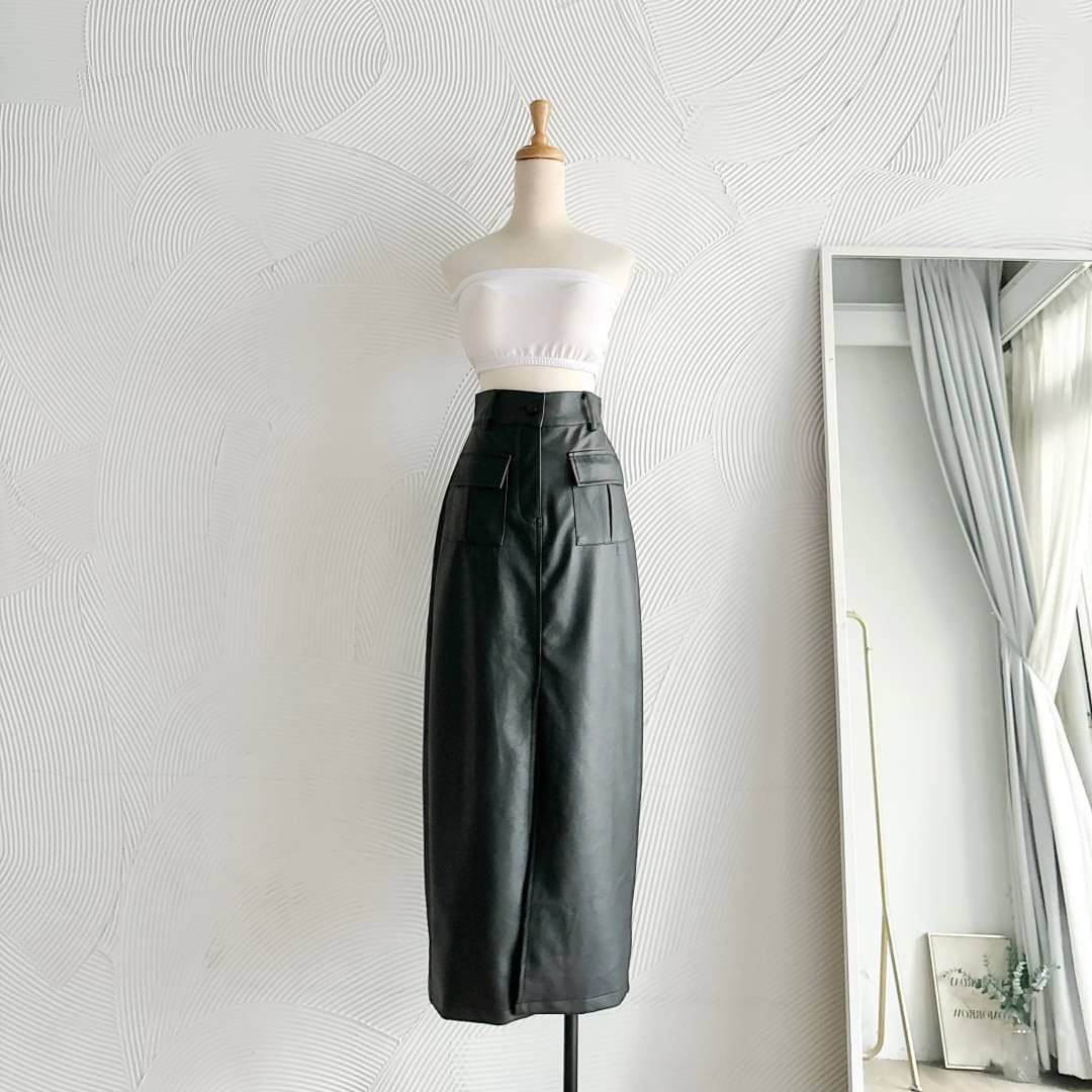 信封口袋皮革開叉裙