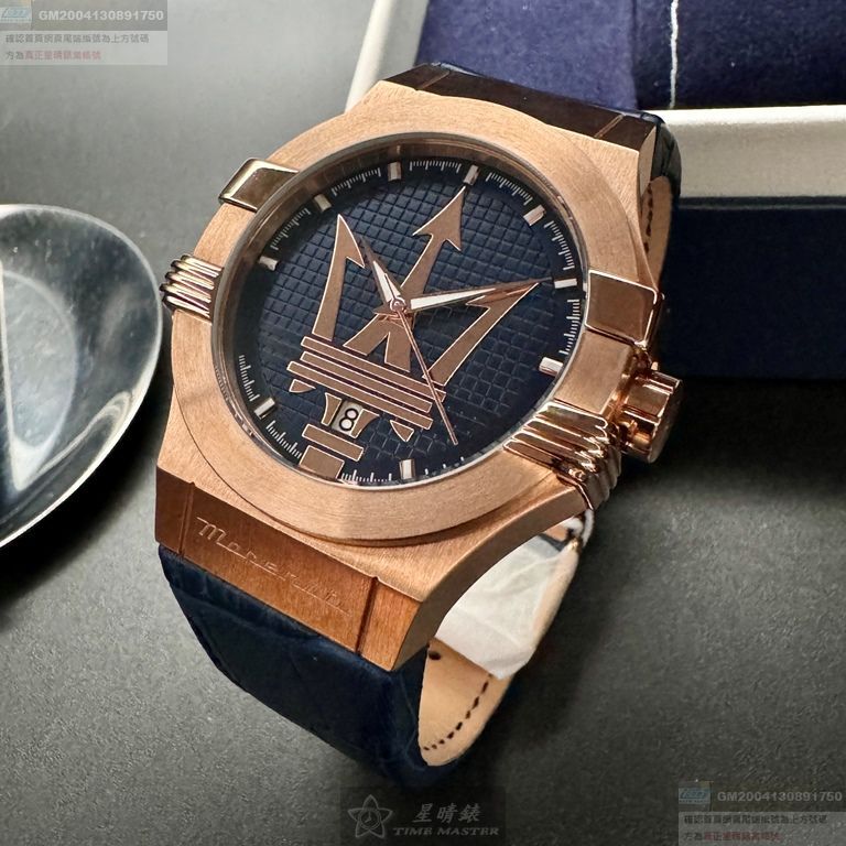 MASERATI手錶，編號R8851108027，42mm玫瑰金六角形精鋼錶殼，寶藍色中三針顯示錶面，寶藍真皮皮革錶帶款