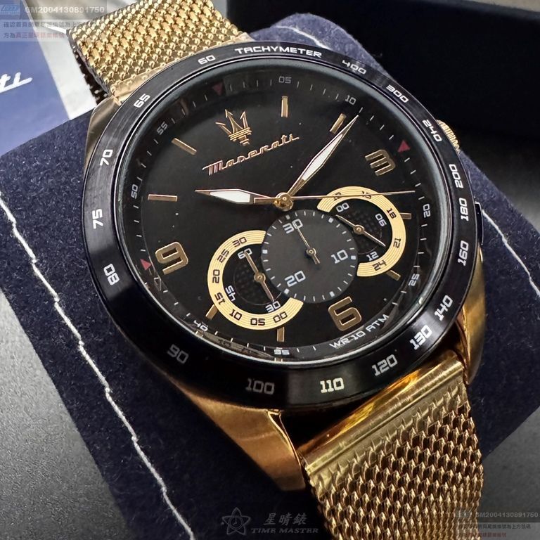 MASERATI手錶，編號R8873612010，46mm金色錶殼，金色錶帶款