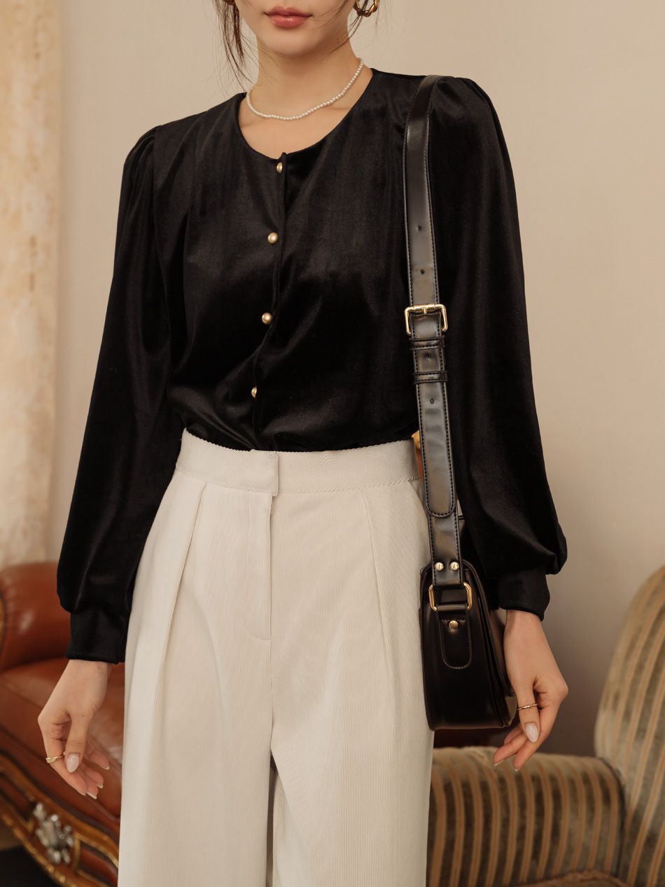 天鵝絨質感金釦襯衫 blouse 2色 / 長袖 上衣 溫暖 圓領 抓皺