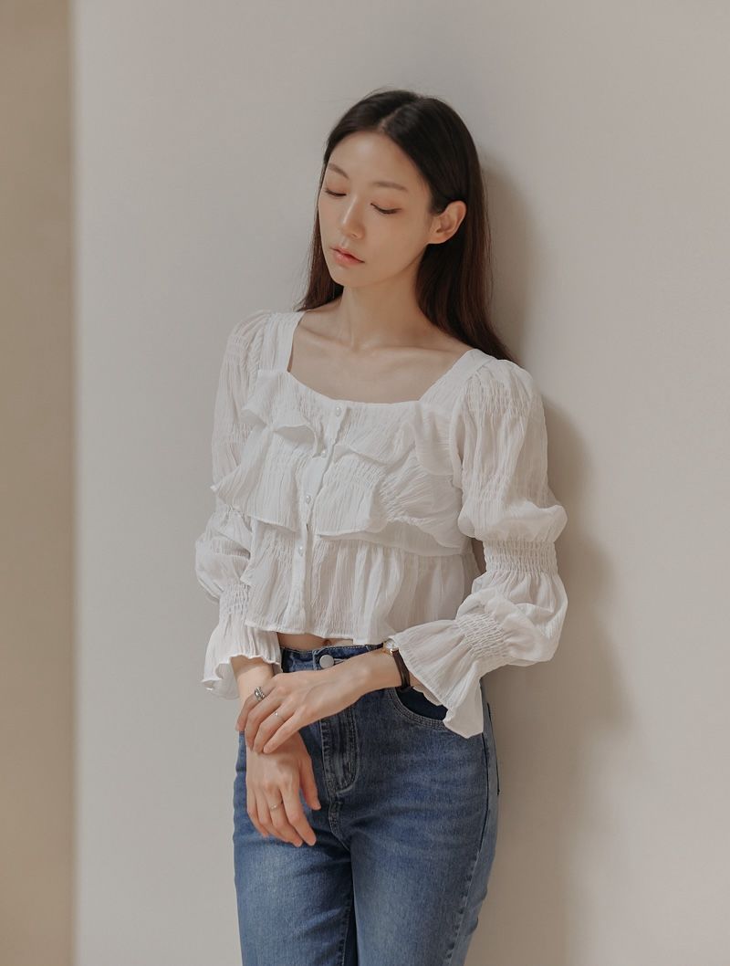 層疊褶皺雪紡上衣 blouse 3色 長袖 襯衫 荷葉邊 方領