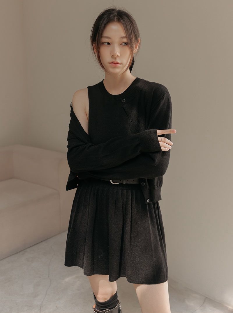 兩件式針織洋裝 knit set 2色 外套 無袖連身裙 有腰帶 毛衣