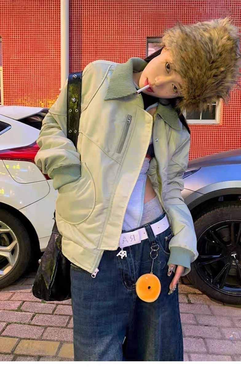 Clean fit 青蘋果綠翻領夾克 飛行外套