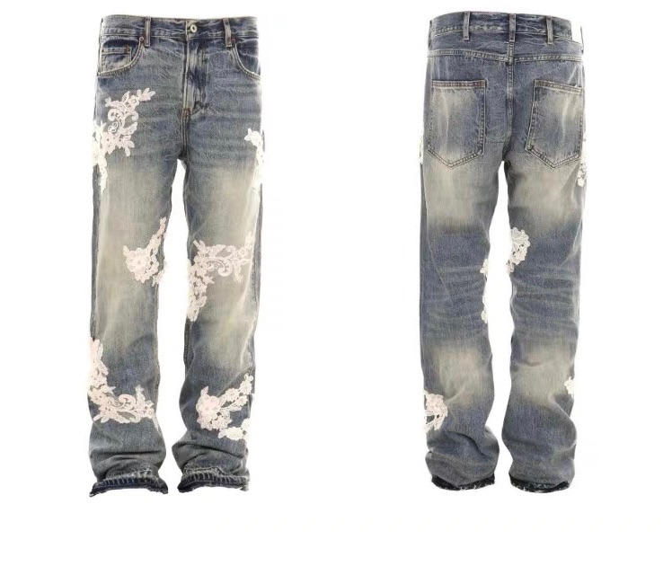 蕾絲刺繡拼接水洗牛仔褲👖