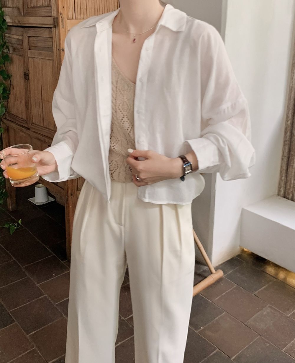 正韓製夏季亞麻天絲襯衫 shirt 6色 （ 自製設計款 ） 長袖 上衣 透膚 中短版