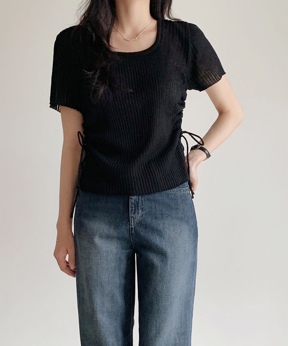 正韓製側綁帶褶皺上衣 knit 3色 （ 自製設計款 ） 短袖 針織 抽繩 坑紋 羅紋 修身豎條紋