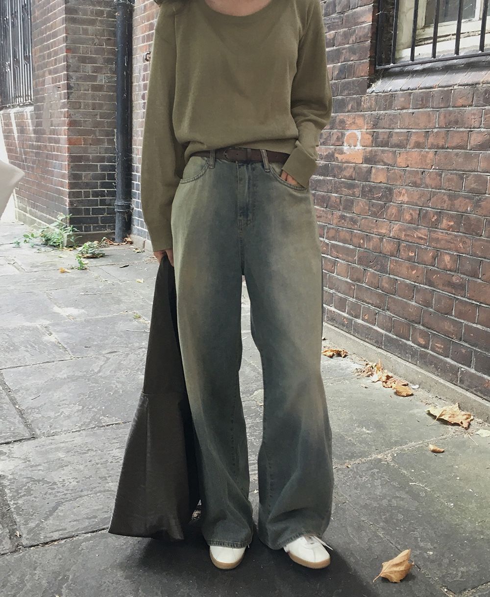 正韓製懷舊刷黃牛仔褲 pants 2色 （ 自製設計款 ） 長褲 寬管 寬褲 高腰
