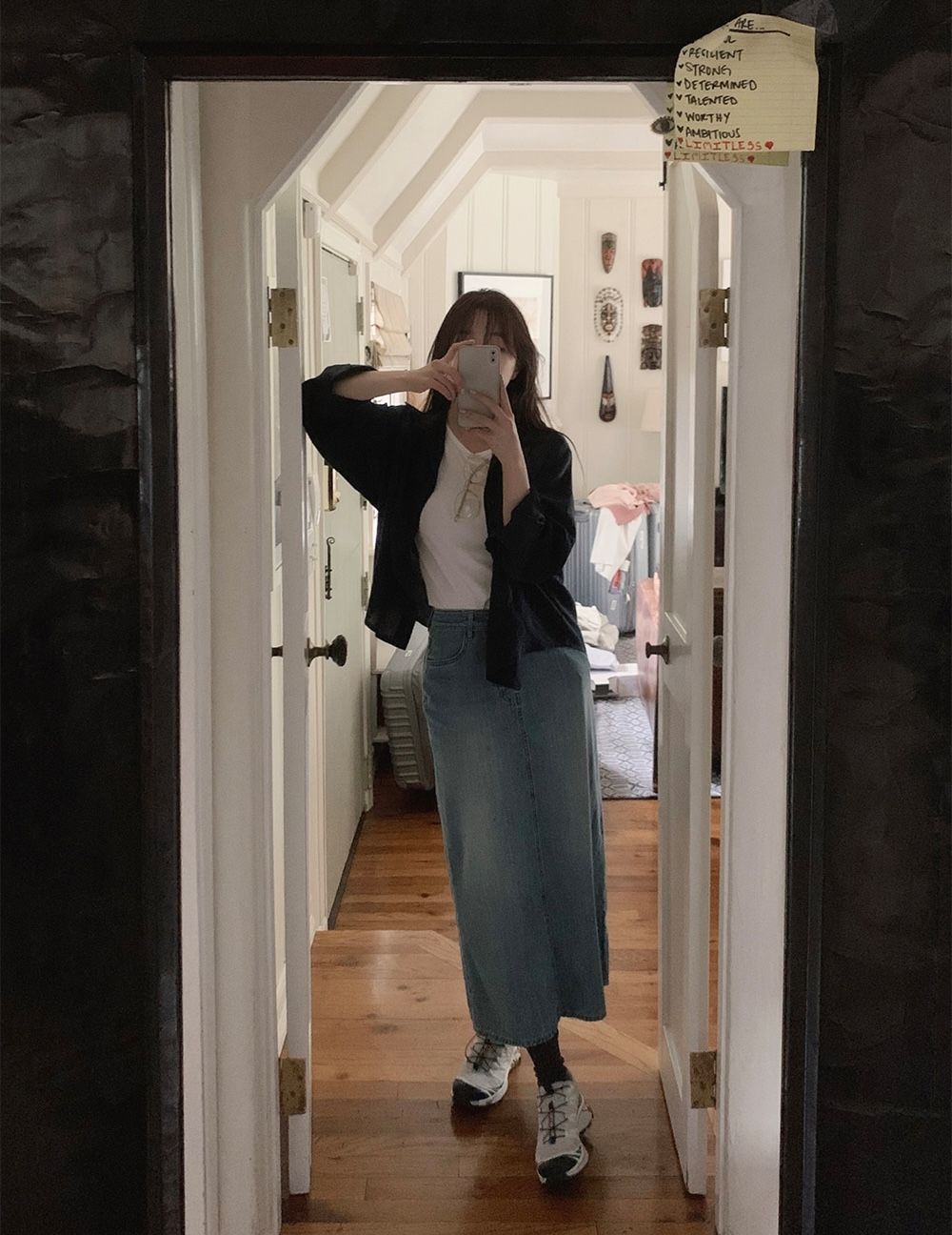 正韓製復古刷色H字牛仔裙 skirt 3色 （ 自製設計款 ） 長裙 後開衩