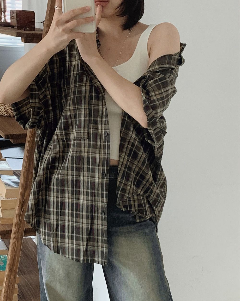 復古配色格紋短袖襯衫 shirts 2色 外搭 上衣 外套