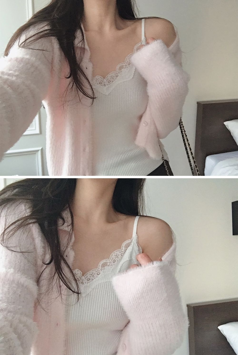 蕾絲滾邊細肩帶背心 sleeveless 2色 （ slowand ） 無袖 上衣 吊帶 坑紋