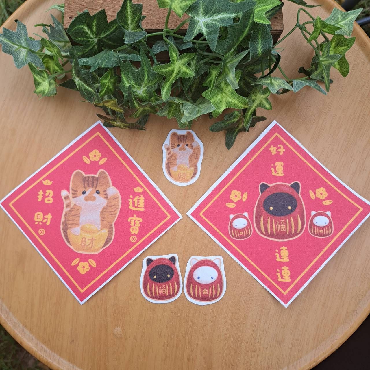 好運招財貓斗方春聯 PVC防水霧面貼紙