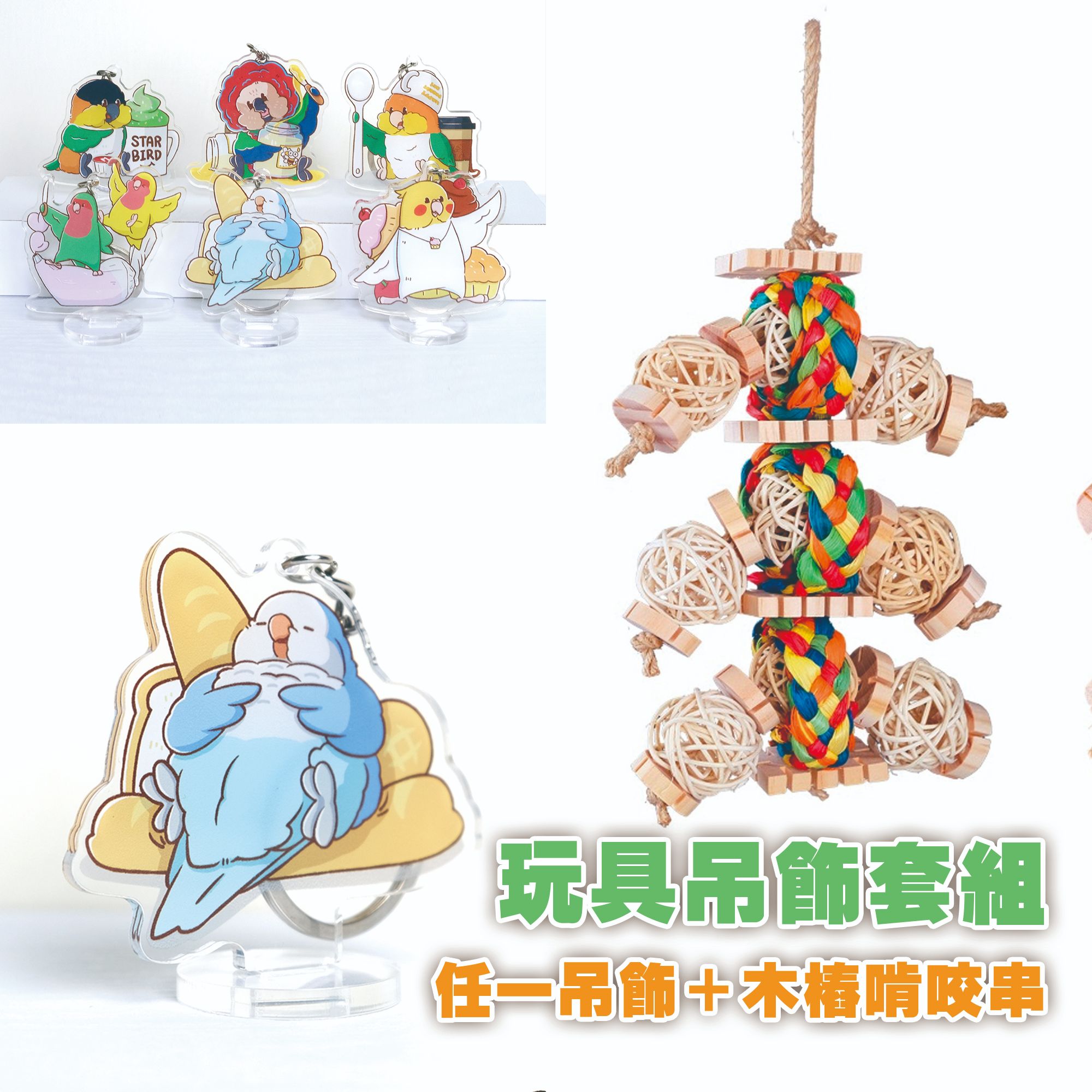 鸚鵡玩具＋吊飾套組 任選鸚鵡吊飾 繽紛木樁啃咬串