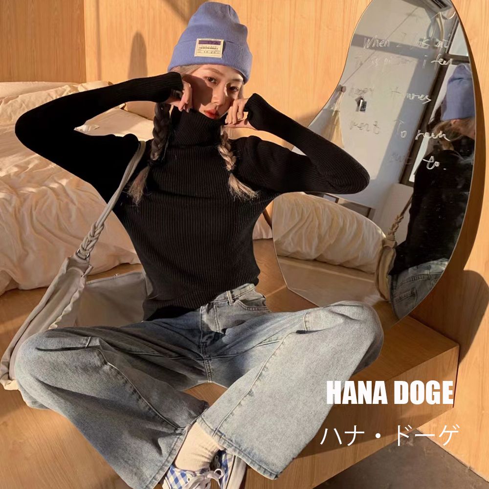 HANA DOGE ハナ・ドーゲ 美式休閒無印坑條高領套指針織合身上衣T恤（冬天必備款）