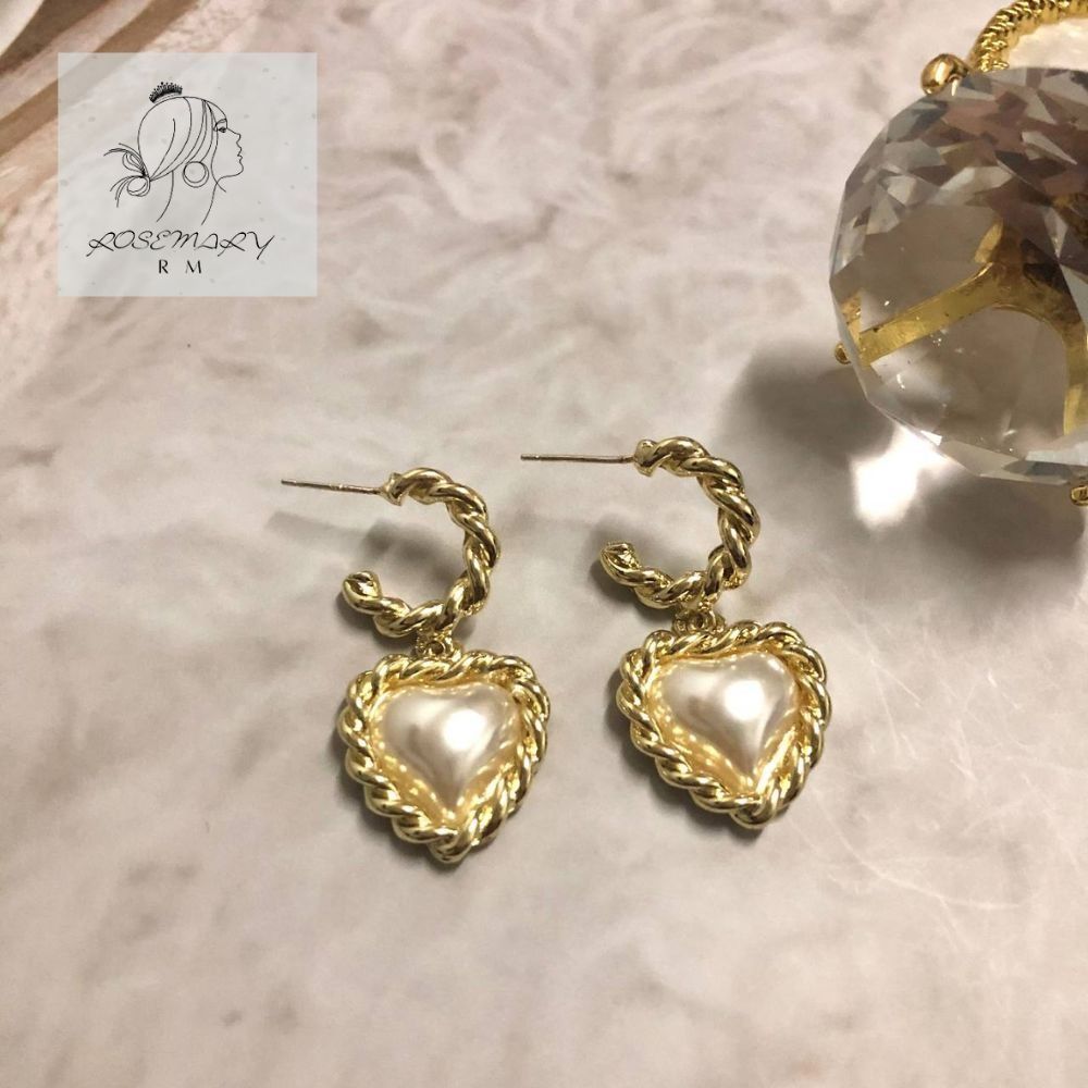 ♛ROSEMAYR♛ 韓版 法式復古 C環麻花紋珍珠愛心耳環