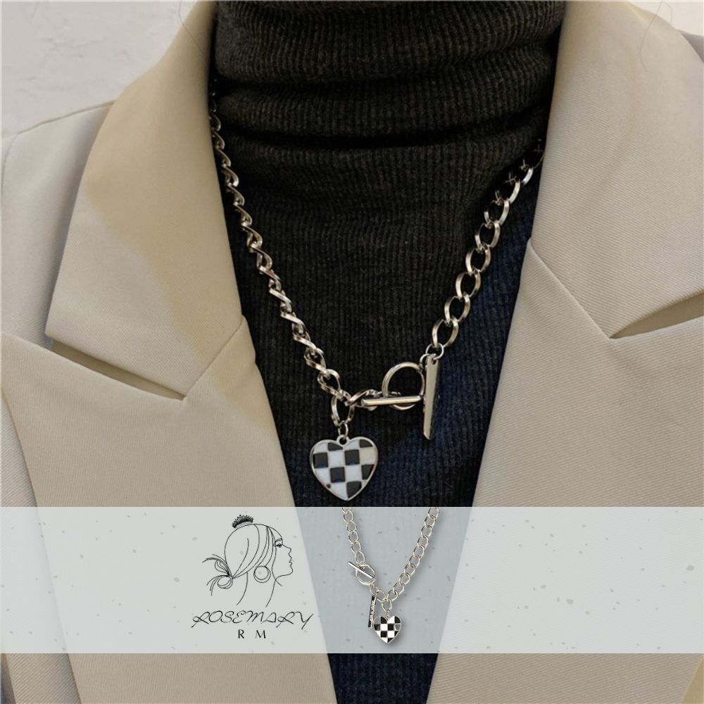♛ROSEMAYR♛ 韓版 法式復古 愛心棋盤格OT釦項鍊