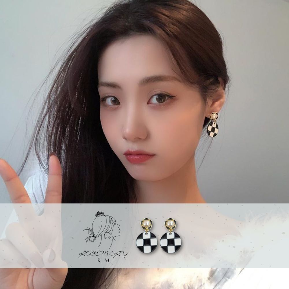 ♛ROSEMAYR♛ 韓版 法式復古 珍珠花朵吊墜圓形棋盤格耳環