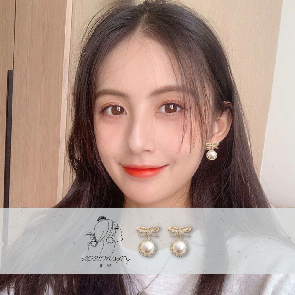 ♛ROSEMAYR♛[LX-0024] 韓版 宮延名媛風 鑲鑽蝴蝶結吊墜珍珠耳環