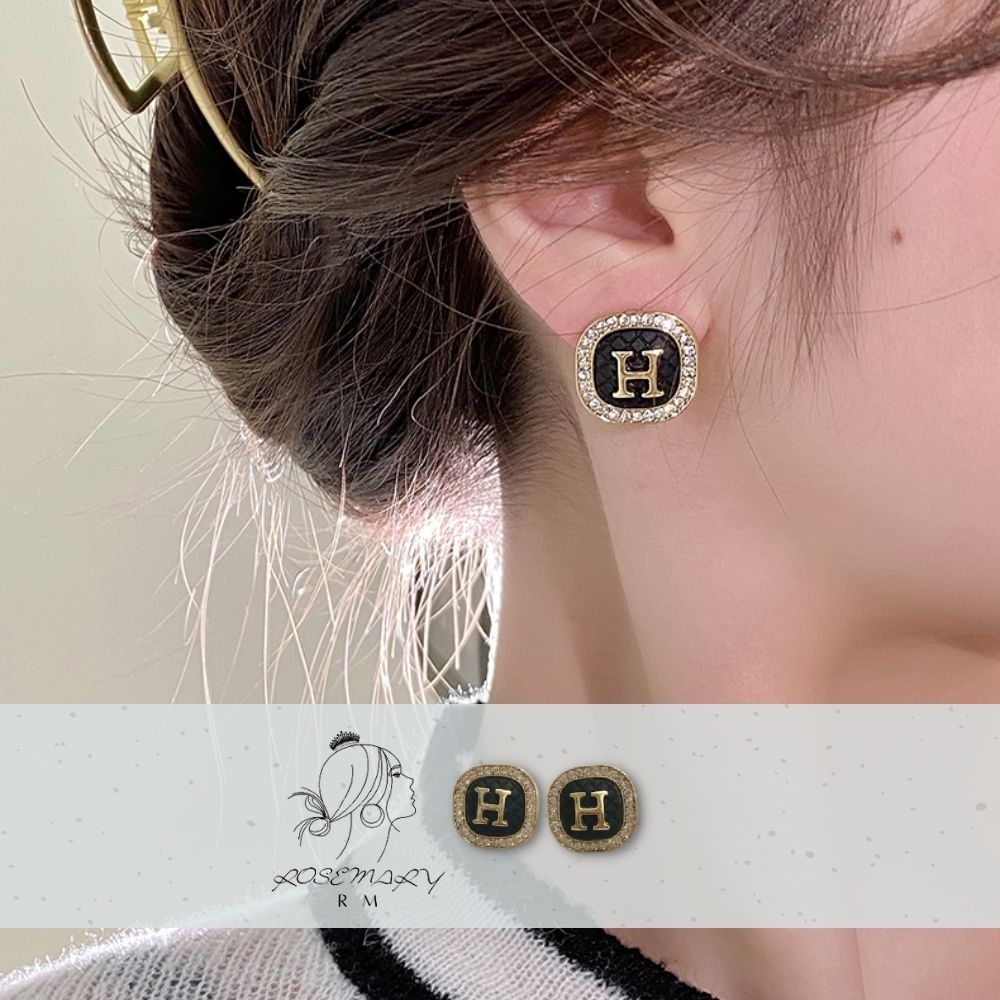 ♛ROSEMAYR♛[CR-0029] 韓版 氣質名媛 方形水鑽鑲邊字母H耳釘 耳環
