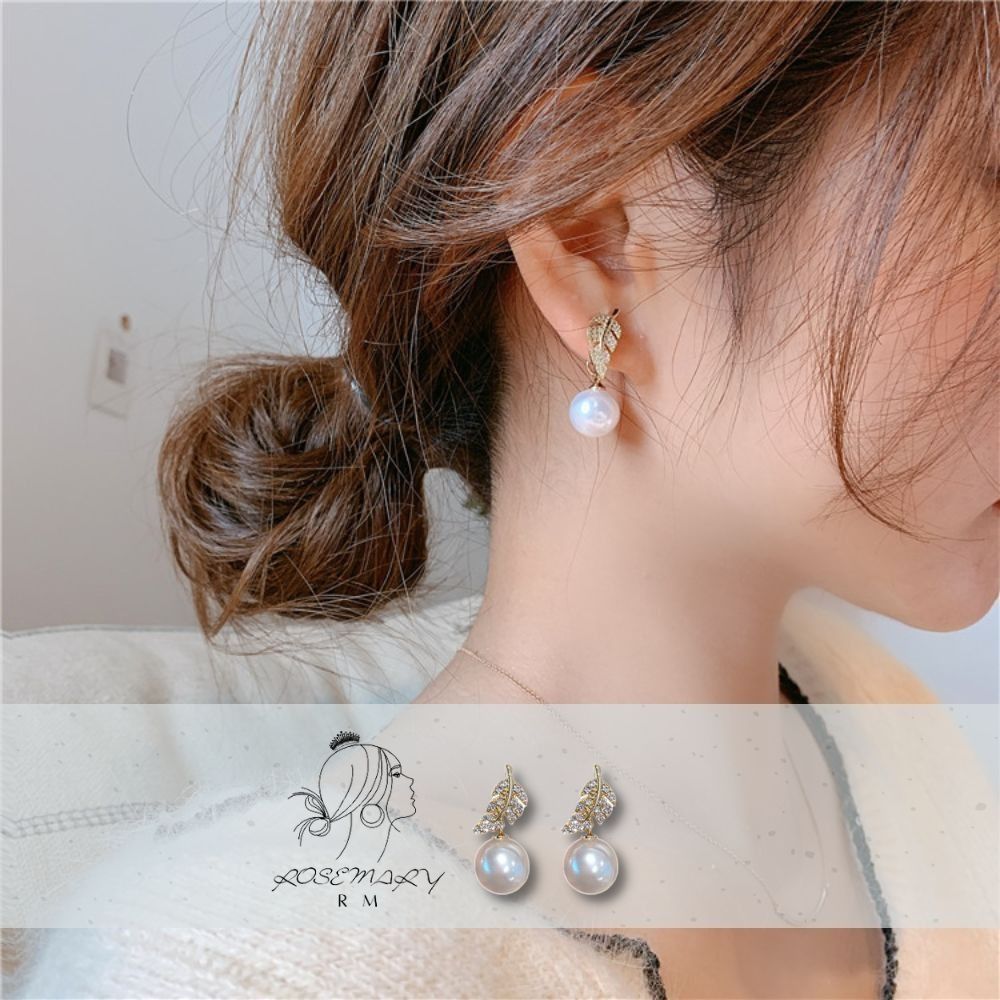 ♛ROSEMAYR♛[LX-0018] 韓版 網紅最愛 滿鑽葉子吊墜珍珠耳環