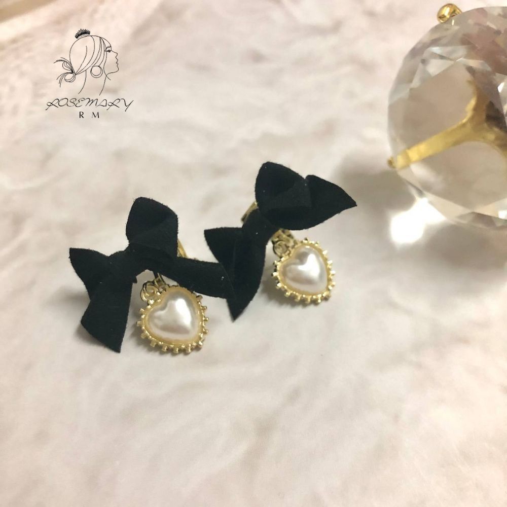 ♛ROSEMAYR♛韓版 法式甜美女孩 蝴蝶結吊墜愛心珍珠耳夾