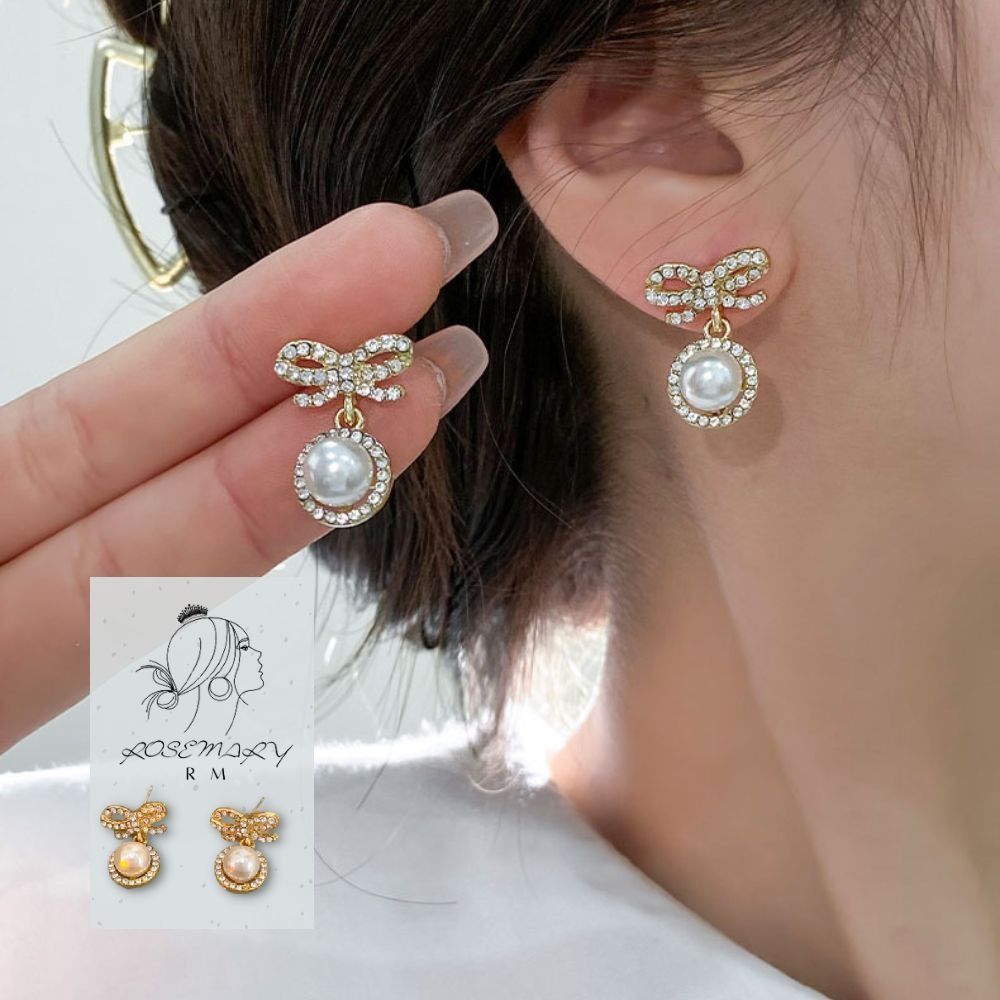♛ROSEMAYR♛[CR-0007] 韓版 輕奢名媛 水鑽蝴蝶結吊墜珍珠耳環