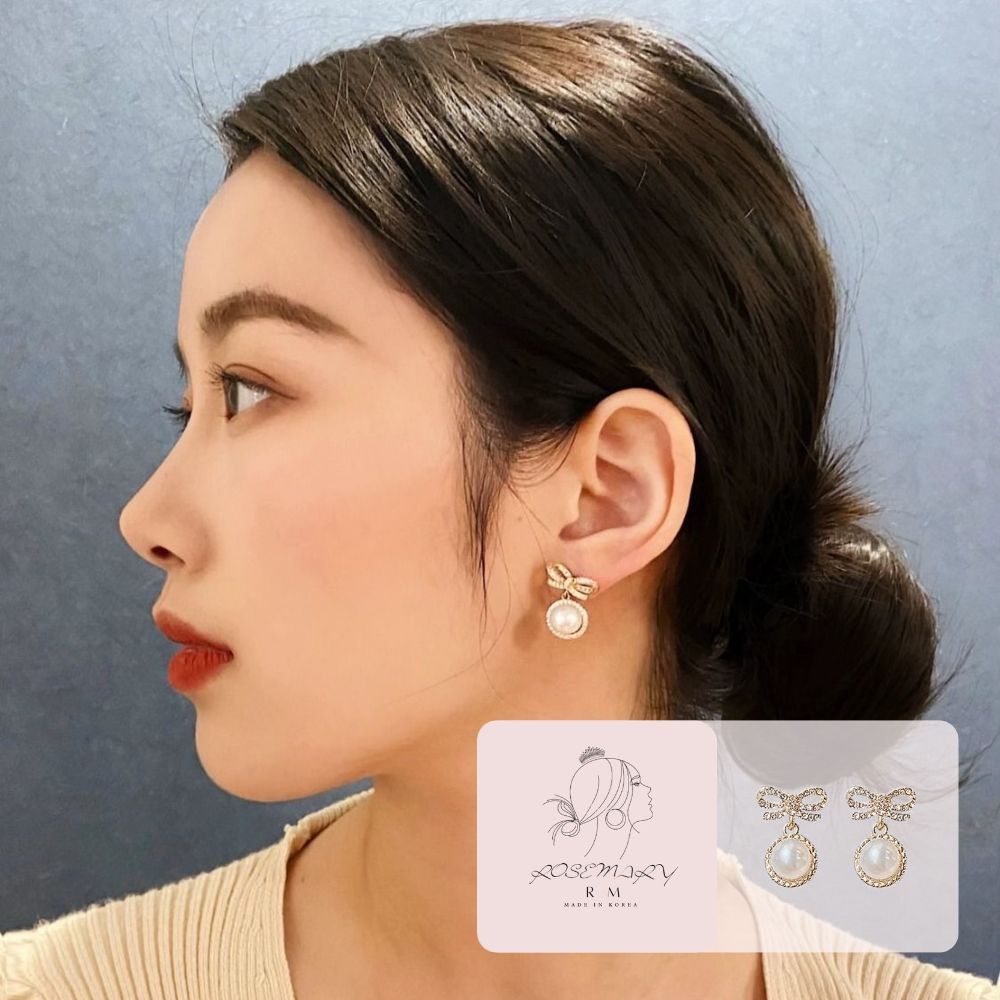 ♛ROSEMAYR♛[CR-0007] 韓版 輕奢名媛 水鑽蝴蝶結吊墜珍珠耳環