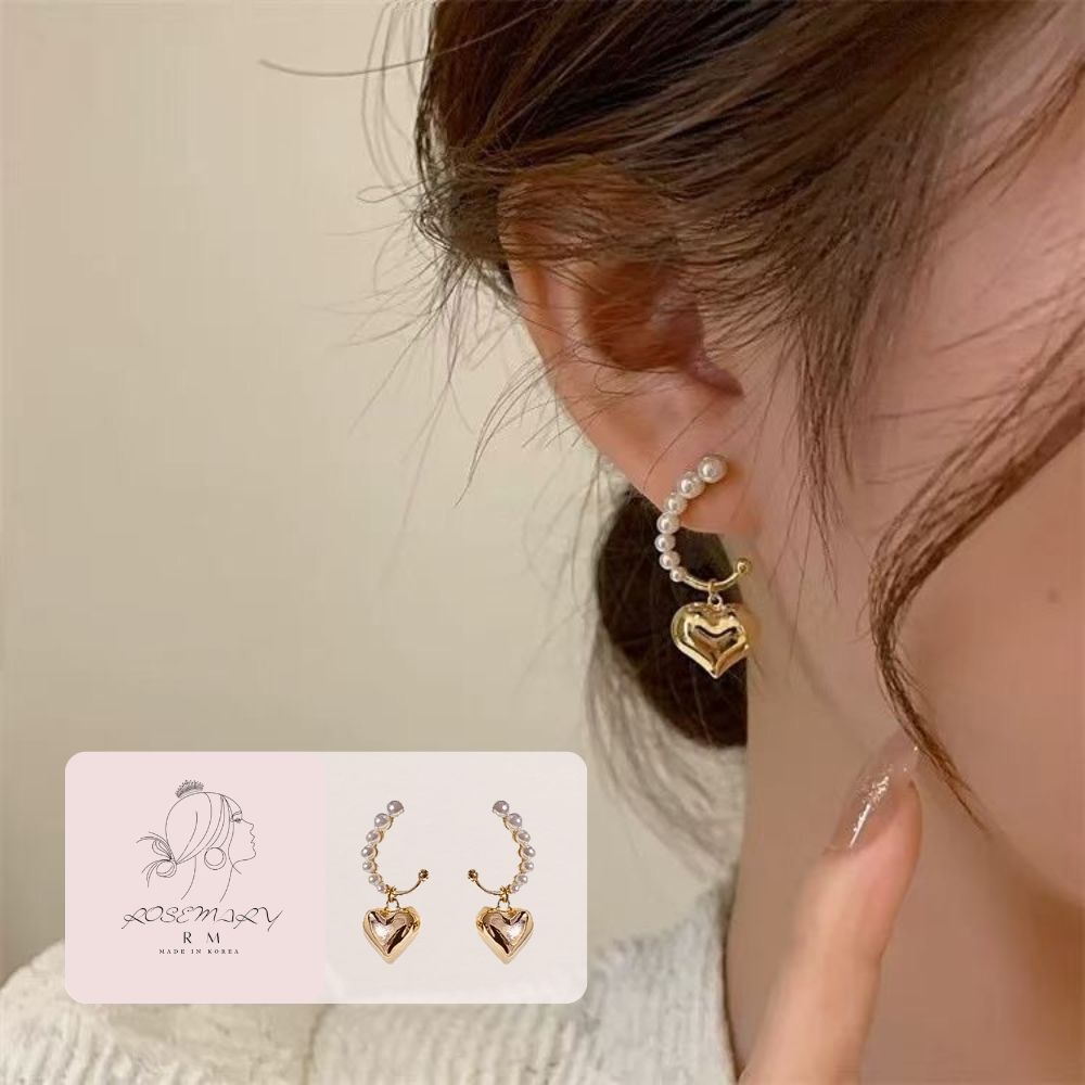 ♛ROSEMAYR♛ 韓版 簡約氣質半圓嵌珍珠吊墜愛心耳環
