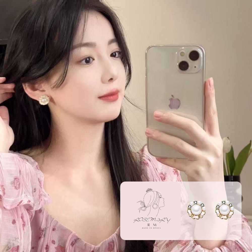 ♛ROSEMAYR♛[CR-0024] 韓版 氣質名媛 花朵鑲嵌珍珠水鑽耳釘 耳環