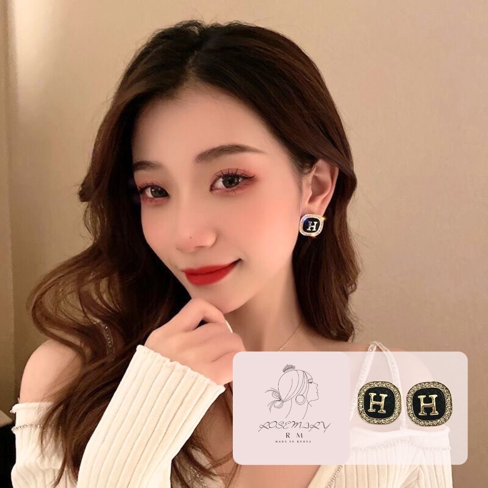 ♛ROSEMAYR♛[CR-0029] 韓版 氣質名媛 方形水鑽鑲邊字母H耳釘 耳環
