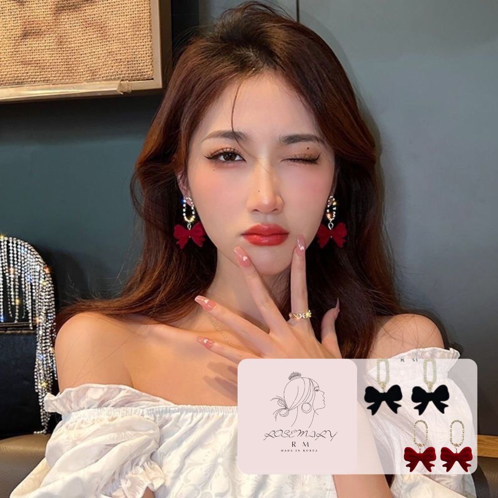♛ROSEMAYR♛[HU-0076] S925銀針 韓系甜美女孩 鑲鑽吊墜絲絨蝴蝶結耳環