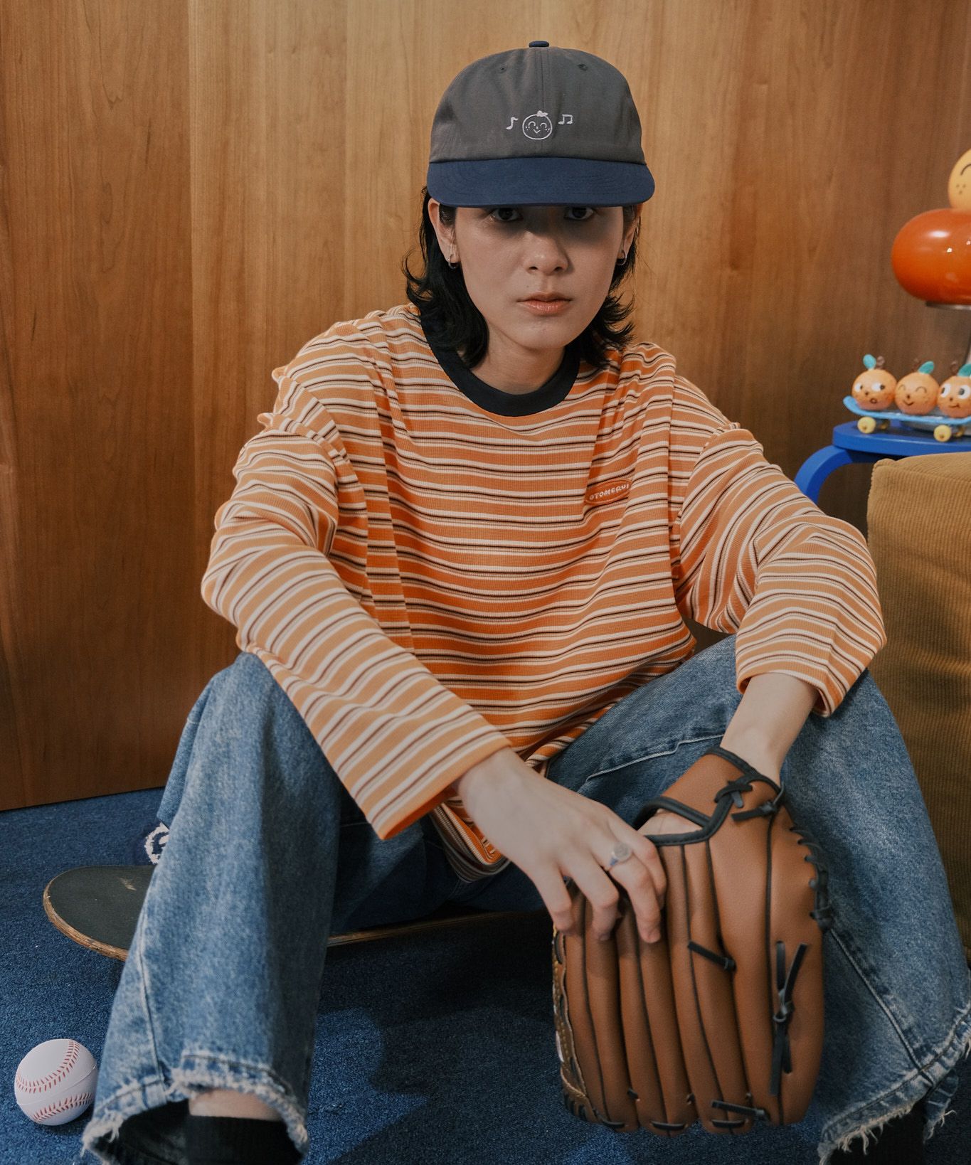 otomerui 刺繡條紋tee - 桔