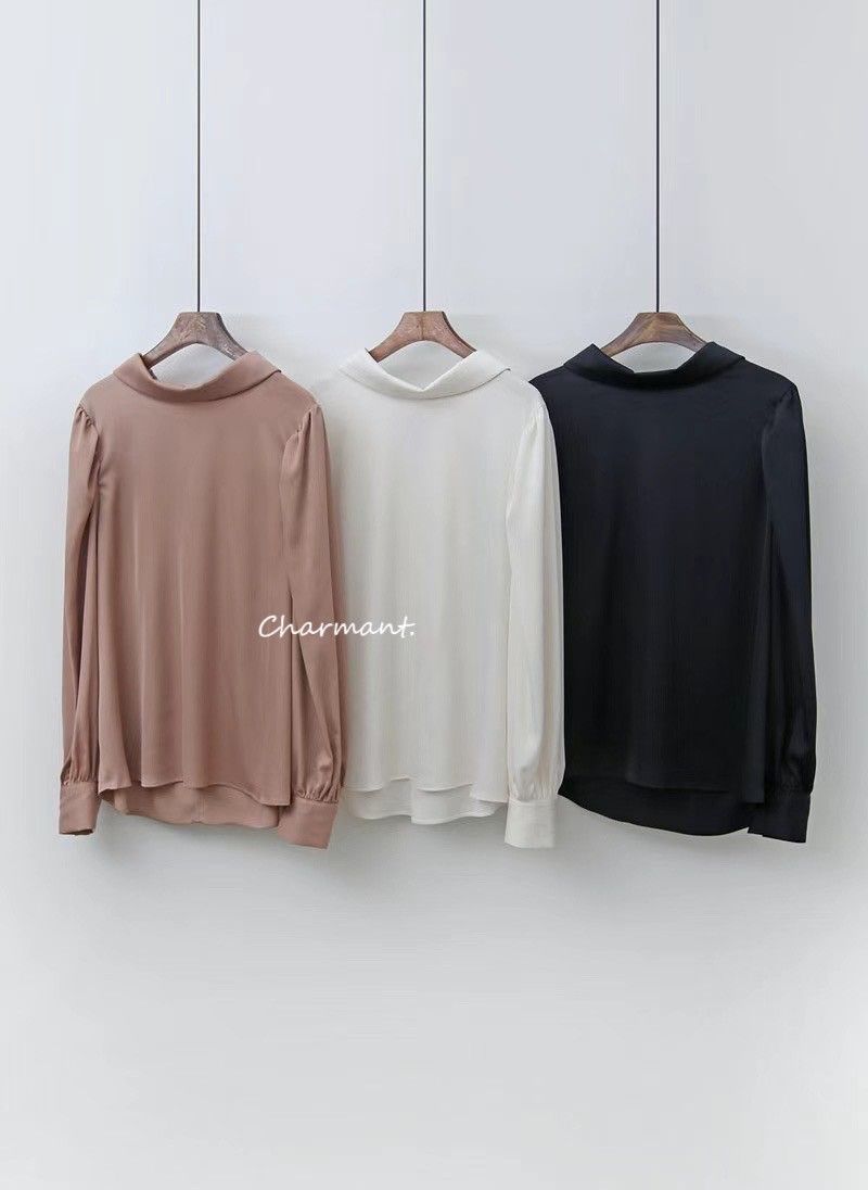 G1205都會小姊姊立領後釦設計緞面衫