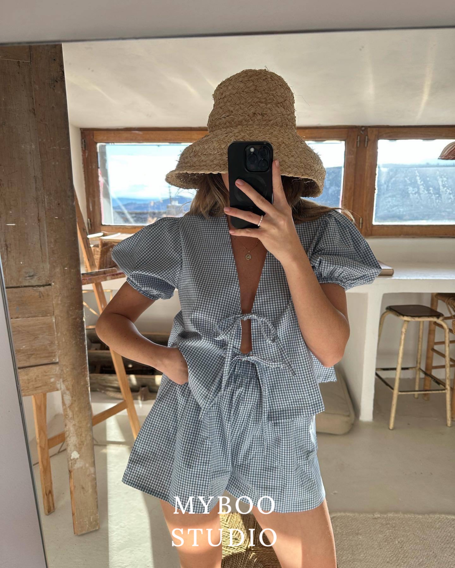 ￼s~xL歐美海島度假綁帶短袖開襟衫上衣+鬆緊短褲套裝