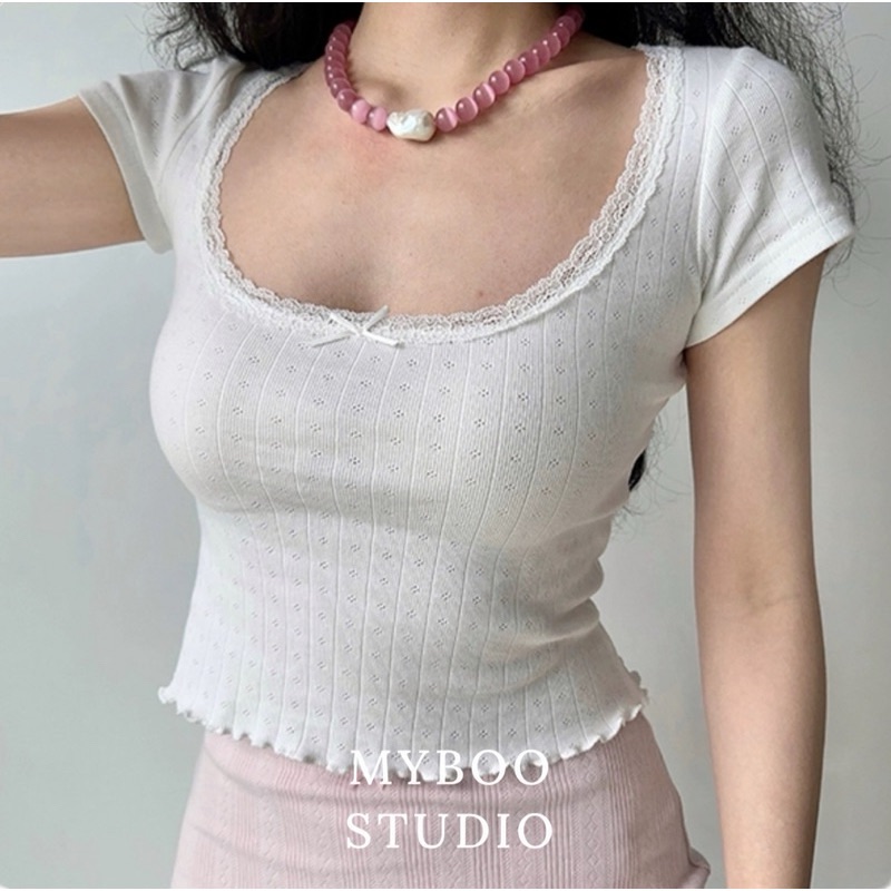 美式純欲風提花刺繡蕾絲花邊短袖上衣