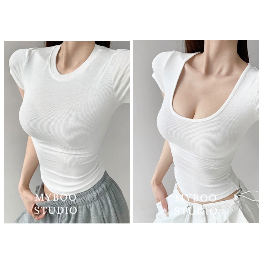 （大u領下單區）2種領型小圓領、大u領彈力短袖上衣