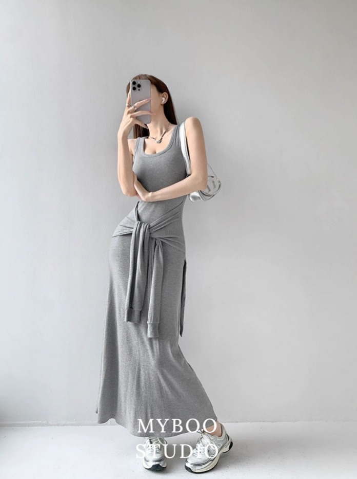 懶人穿搭 慵懶鬆弛感假兩件打結收腰連身洋裝