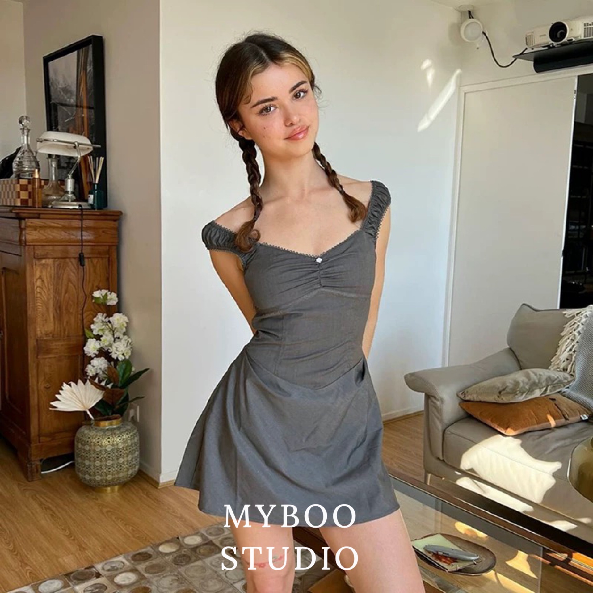 ￼歐美少女純欲風蕾絲一字領收腰連衣裙2色