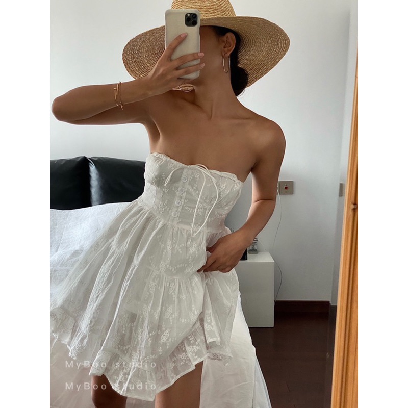 法式復古浪漫平口收腰A字連衣裙