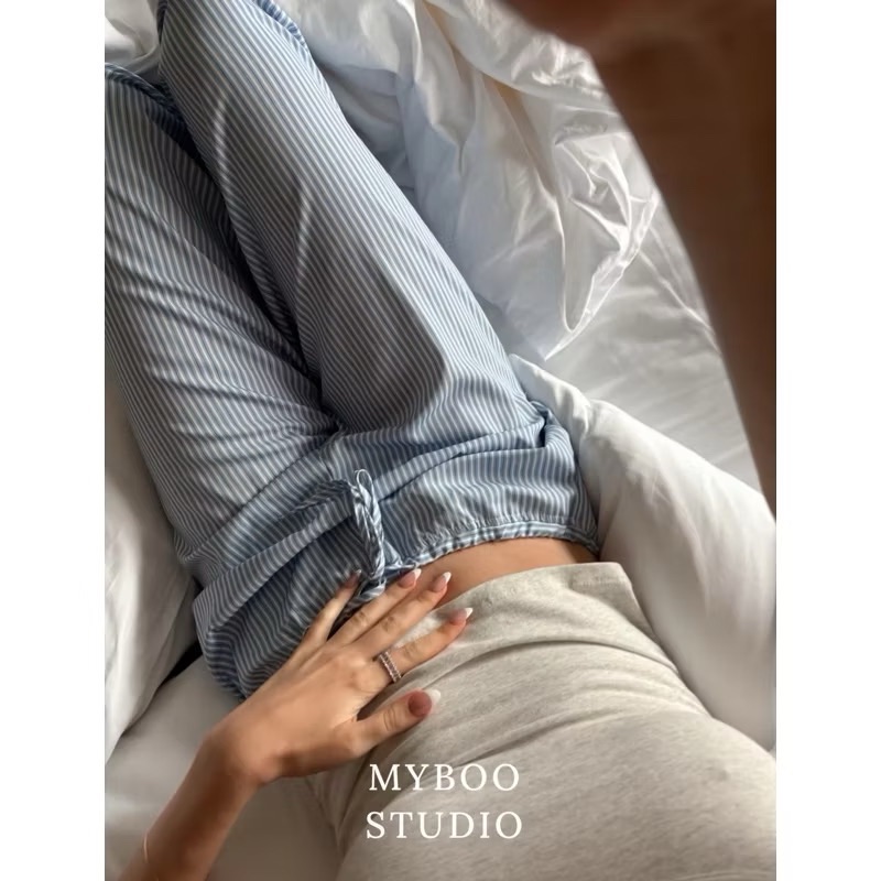 條紋寬鬆闊腿直筒居家休閒長褲 comfy pants!寬鬆慵懶感 舒服 男友褲 睡褲 機場穿搭