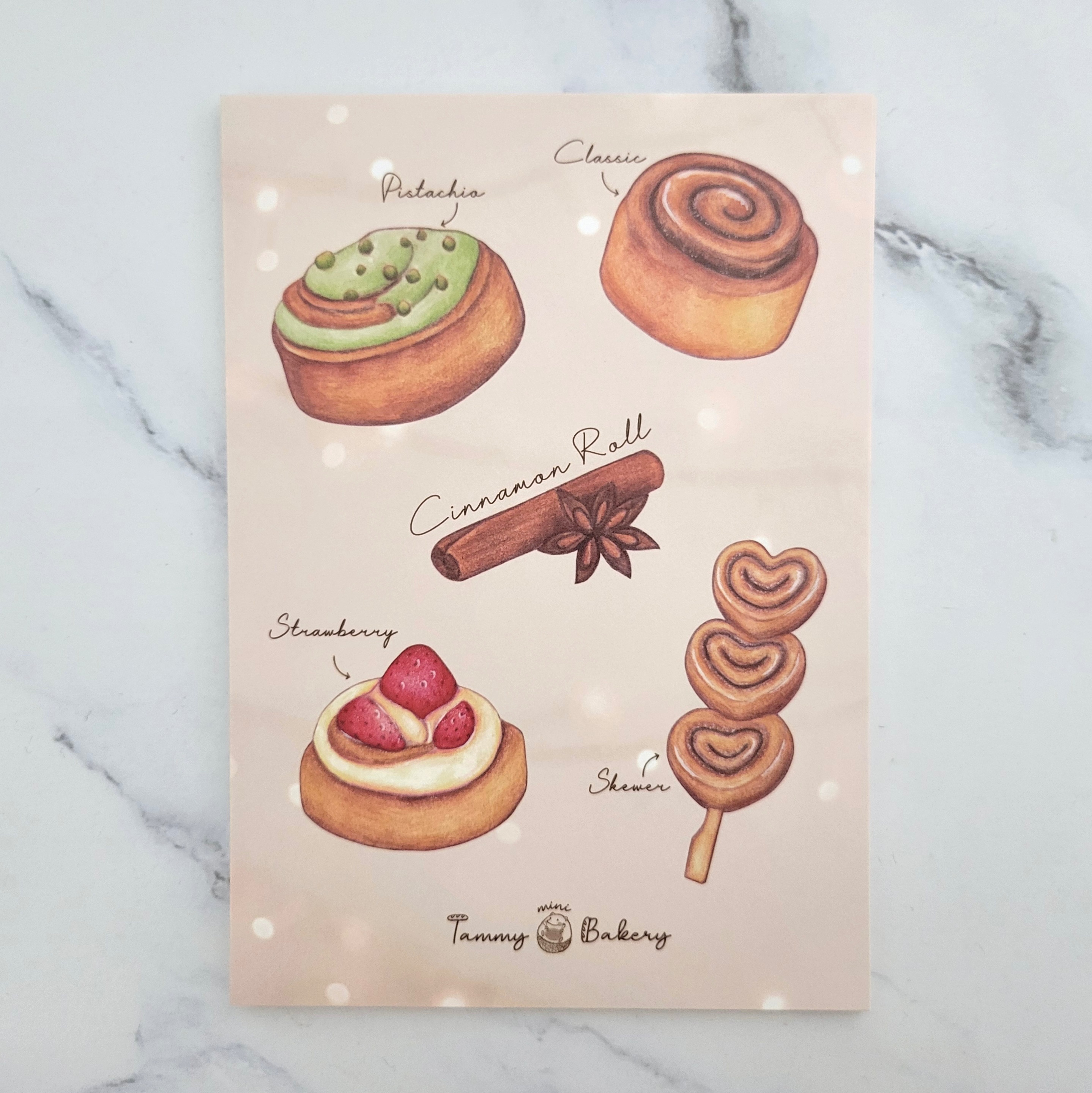恬米焙可栗 - 手繪明信片 肉桂捲圖鑑 | 圖鑑 萬用卡 生日卡 食物 甜點 蛋糕 插畫