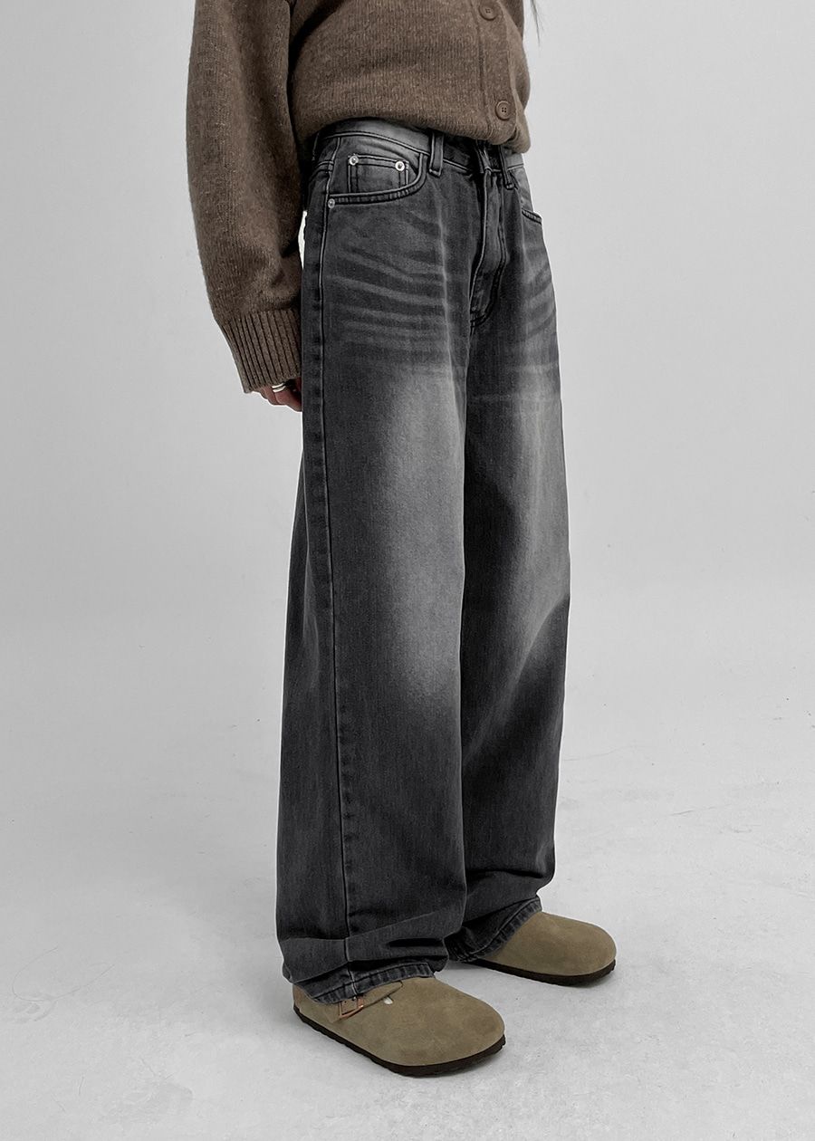 正韓製大面積刷白牛仔褲 pants 長褲 寬管 寬褲 高腰