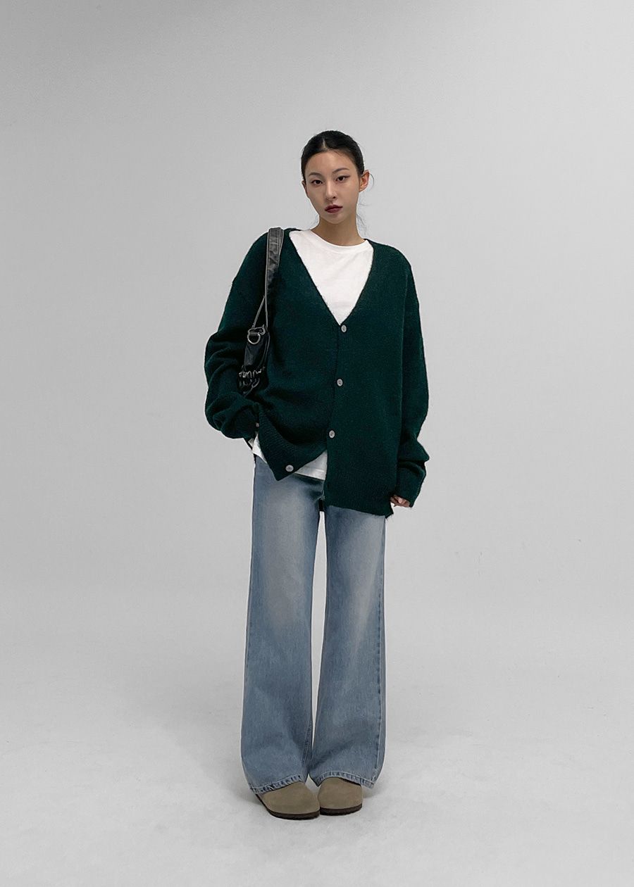正韓製仿舊刷色淺牛仔褲 pants 高腰 寬管 寬褲