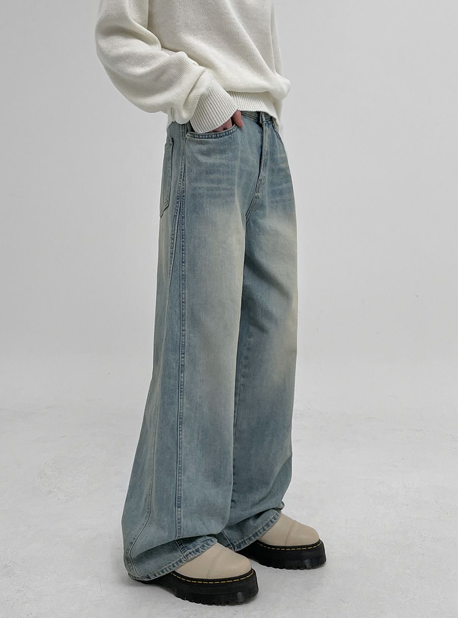 正韓製側邊開衩線條牛仔褲 pants 2色 長褲 寬管 寬褲 高腰 寬鬆
