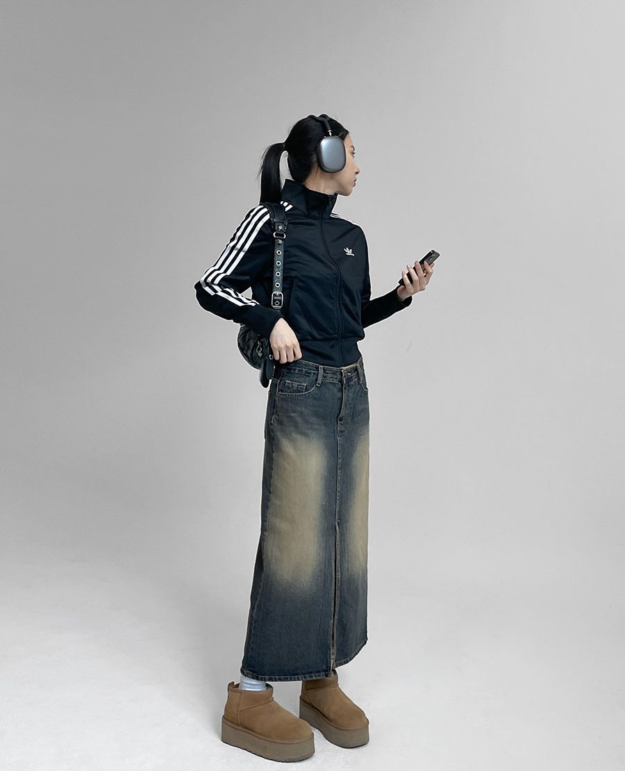 正韓製復古刷色牛仔裙 skirt （ 自製設計款 ） 長裙 前開衩 裙子
