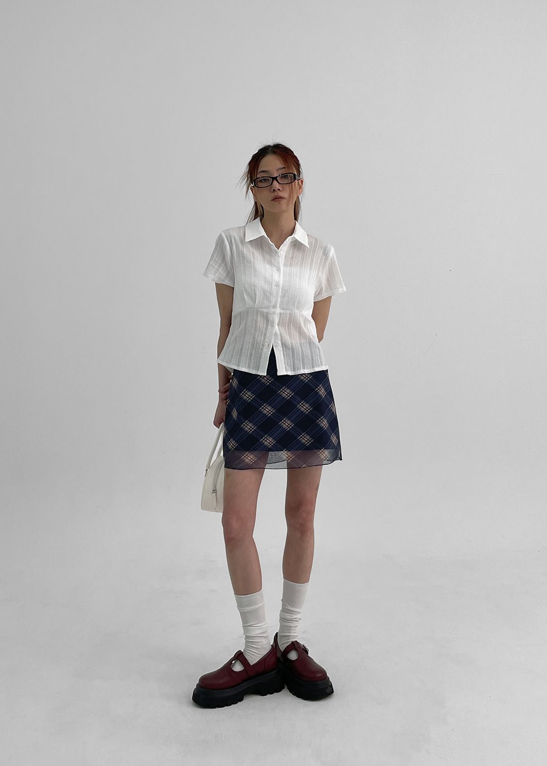斜格紋雪紡短裙 skirt （ black-up ） 迷你裙 蝴蝶結 鬆緊腰