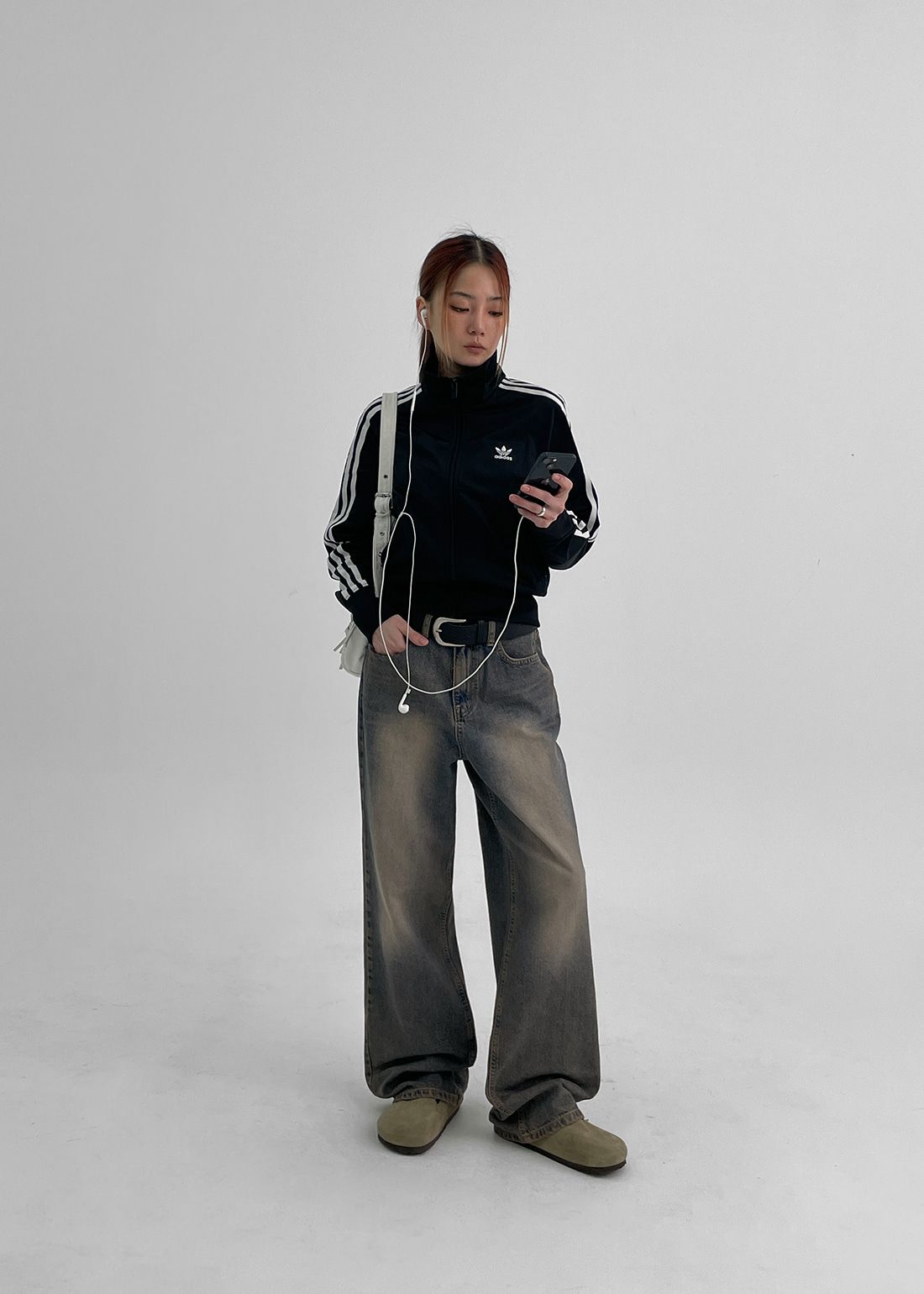 正韓製基礎款刷舊牛仔褲 pants （ 自製設計款 ） 長褲 寬管 寬褲 高腰 深色