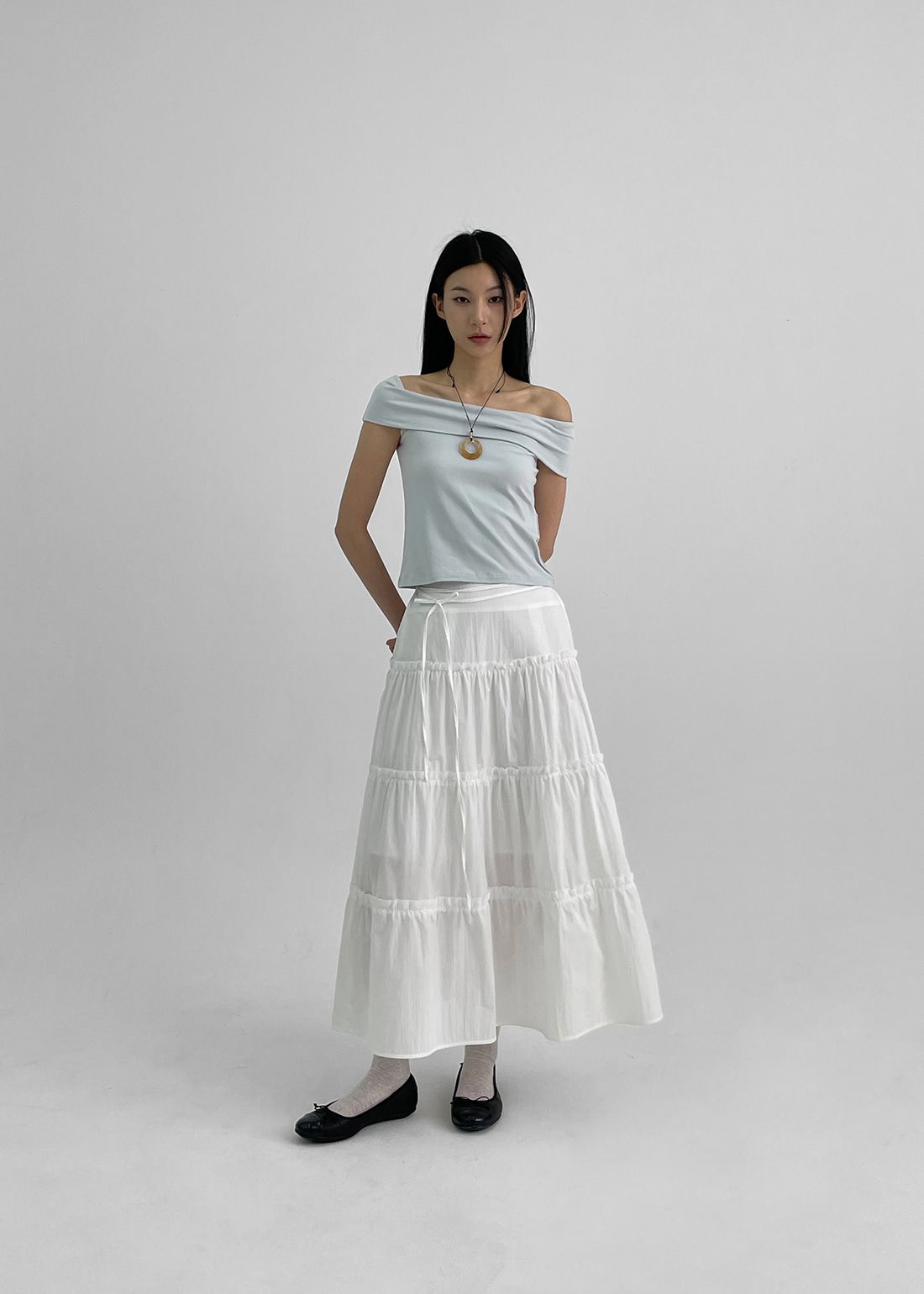 正韓製荷葉邊綁帶細節長裙 skirt 2色 （ 自製設計款 ） 裙子 鬆緊腰