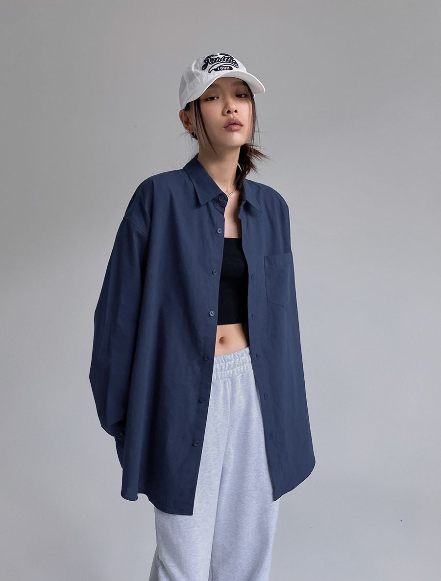 正韓製寬鬆素色襯衫 shirt 6色 （ 自製設計款 ） 長袖 上衣 外套 落肩