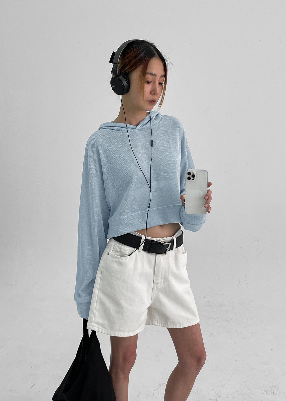 正韓製亞麻短版連帽上衣 hood 3色 （ 自製設計款 ） 夏季 長袖 上衣 透膚 帽T